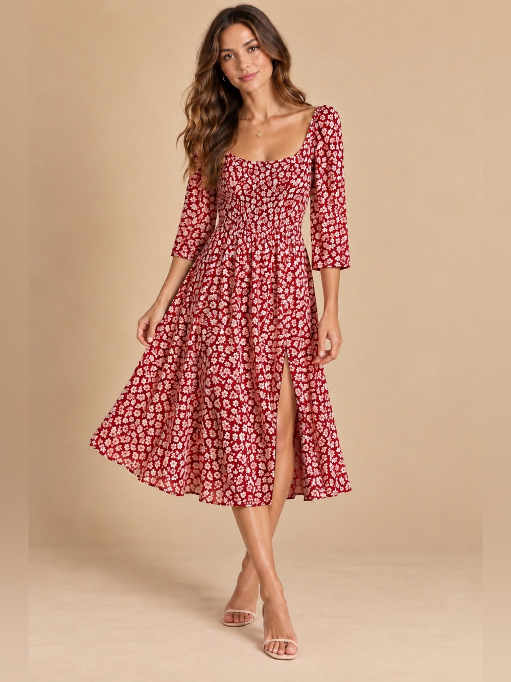 Reformation Red Ivory Floral Square Neck 3/4 Sleeve Midi Dress Size 0 Boho Style